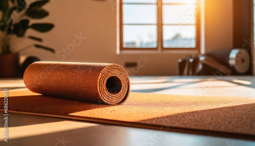 image of corkwood yoga mat on the floor of a bright sunny studio with copyspace
