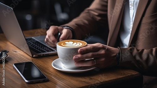 Cropped view of businessman holding cup of coffee near laptop and smartphone. Close up of male hands. Freelancer working in a café. Business communication. 