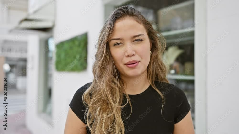 Vibrant, young and beautiful hispanic woman confidently expressing joy while speaking and smiling on an urban street, enchanting the outdoor city background with her cheerful expression. Vibrant, young and beautiful hispanic woman confidently expressing joy while speaking and smiling on an urban street, enchanting the outdoor city background with her cheerful expression.