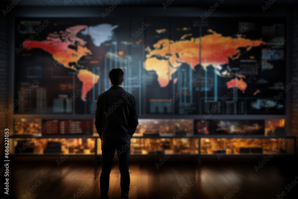 Fototapeta premium A financial analyst analyzing global economic indicators, recognizing the interconnectedness of economies in the modern financial landscape. Concept of global economic analysis. Generative Ai.
