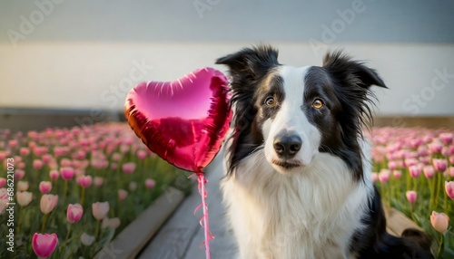 adorable border collie dog with hear shape balloon love and romance valentine s day concept high quality photo photo