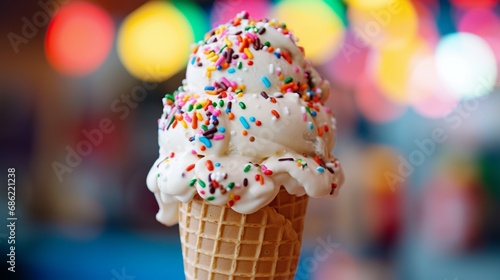 A close-up of a classic vanilla soft-serve ice cream cone with colorful sprinkles.