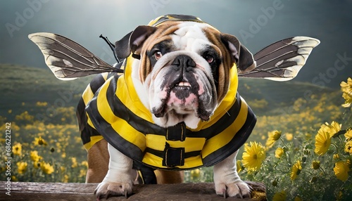 angry bulldog in bumble bee costume