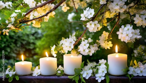 white flowering branch and 3 white candle lights outside in a garden floral concept with burning candles decoration for contemplative athmosphere background photo