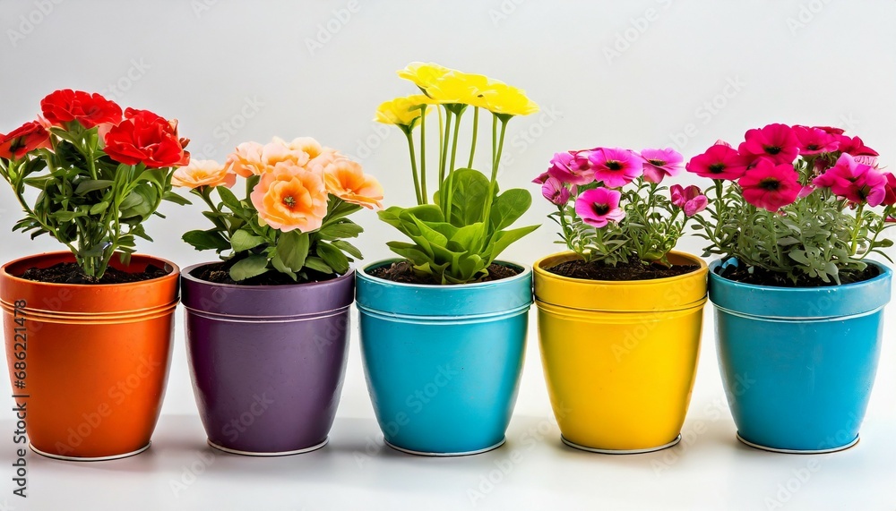 colourful flower pots on a white background