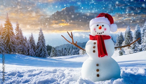 merry christmas and happy new year greeting card with copy space happy snowman standing in christmas landscape snow background winter fairytale © Mary