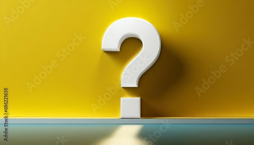 white question mark on a yellow background 3d render of the volumetric sign of the wall and floor with reflection with space for copyspace test