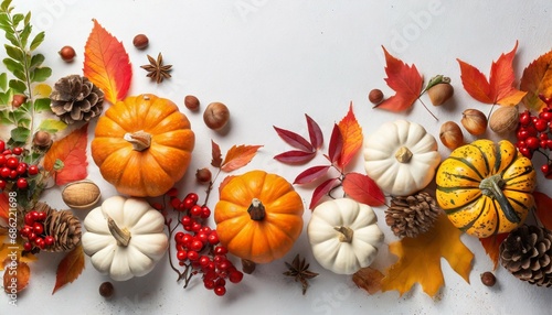 festive autumn pumpkins decor with fall leaves berries nuts on white background thanksgiving day or halloween holiday harvest concept top view flat lay composition with copy space for greeting