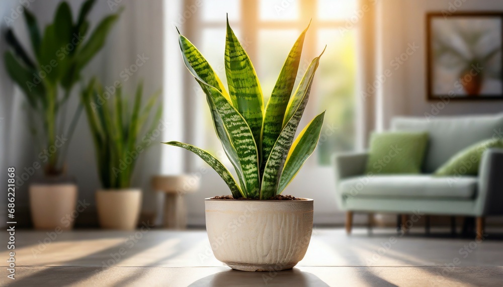 sansevieria or snake plant in a pot on blurred living room interior background generative ai