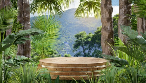 wooden podium in tropical forest for product presentation 3d rendering