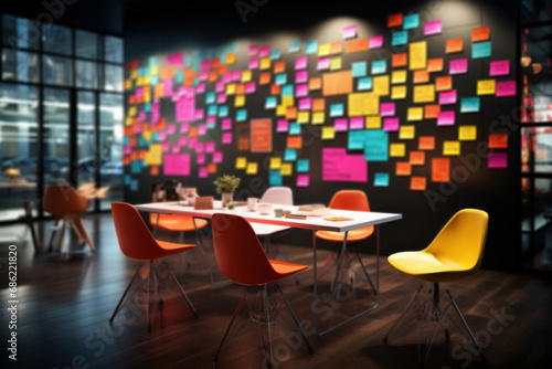 A dedicated brainstorming area with writable walls and colorful post-it notes, encouraging creativity and ideation among team members. Concept of collaborative brainstorming. Generative Ai.