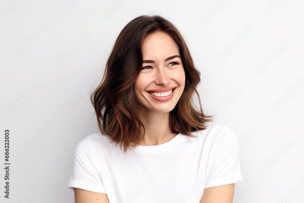 close-up portrait of beautiful caucasian female girl woman, smiling and looking to the right, isolated on white background close-up portrait of beautiful caucasian female girl woman, smiling and looking to the right, isolated on white background