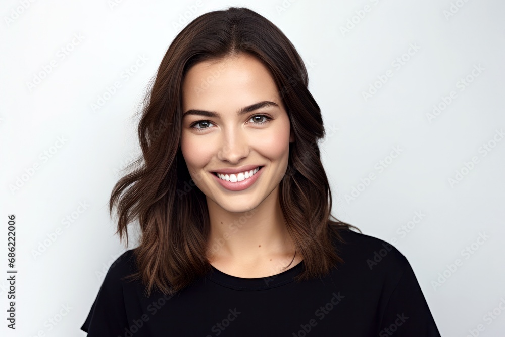 close-up portrait of cute beautiful natural brunette woman in black t-shirt, smiling and looking in camera, isolated on white background close-up portrait of cute beautiful natural brunette woman in black t-shirt, smiling and looking in camera, isolated on white background