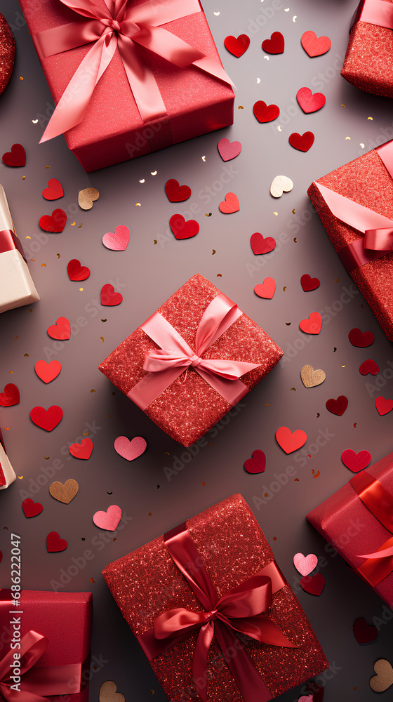 Red and gold gifts for valentine's day. Gifts for lovers. Background with decorative hearts. Red and gold gifts for valentine's day. Gifts for lovers. Background with decorative hearts.