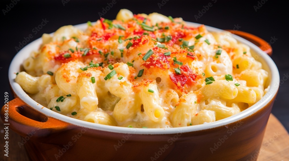 A close-up of a creamy and cheesy lobster macaroni and cheese.