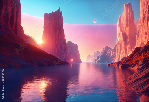 3d render  futuristic landscape with cliffs and water. Modern minimal abstract . Generative Ai