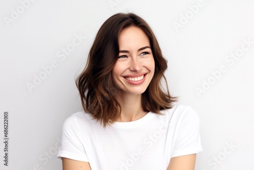 close-up portrait of beautiful caucasian female girl woman, smiling and looking to the right, isolated on white background © id512