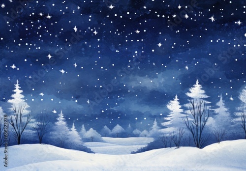 snowy landscape with stars under the moon in winter