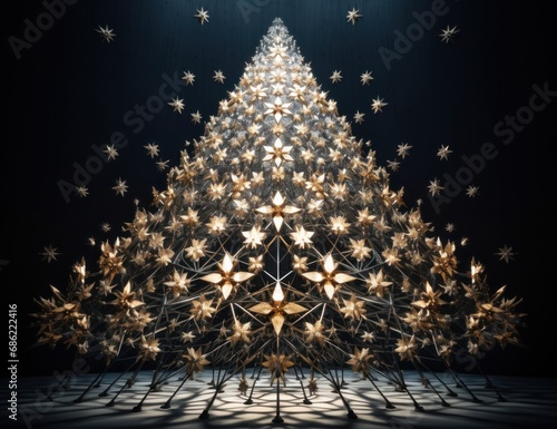 a tree decorated with lights with blue sky and starry lights