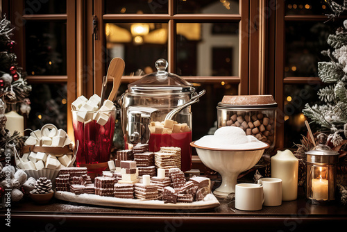 Intimate capture of a gourmet hot chocolate station, complete with a variety of premium chocolates, flavored syrups, and artisan marshmallows