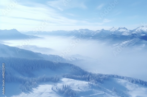 the clouds are shining over the mountains and snow covered hills © olegganko