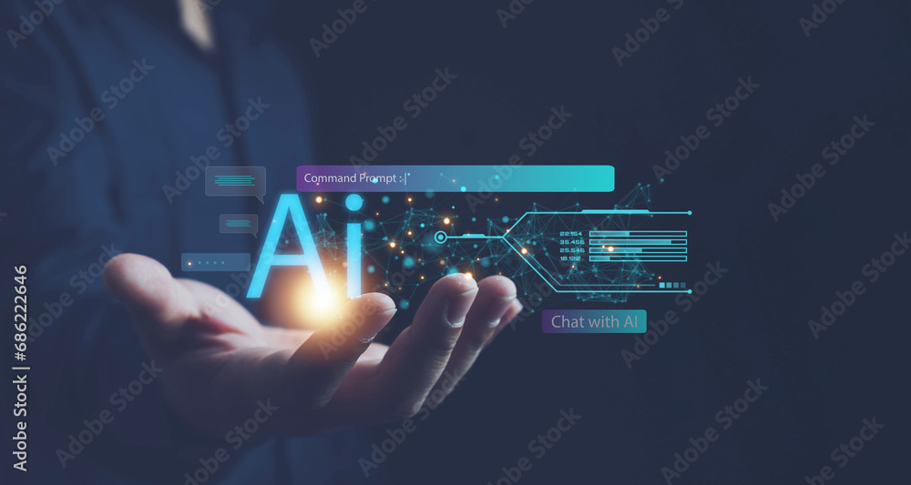 Ai technology, businessman show virtual graphic Global Internet connect Chat with AI, Artificial Intelligence. using command prompt for generates something, Futuristic technology transformation. - obrazy, fototapety, plakaty 