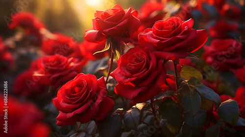 The romance of red roses in a lush garden setting  bathed in the soft glow of the evening sun. Generative Ai