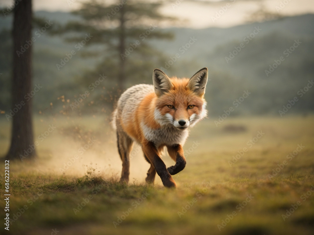 Fototapeta premium Red Fox running in the meadow