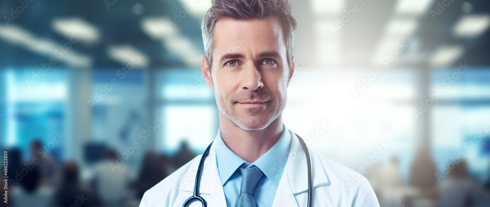 Fototapeta premium Trusted Healthcare: Confident Doctor with Stethoscope in Modern Clinic