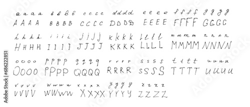 Alphabet is handwritten in black pen scrawl on white background. Doodle style English letters are uppercase and small in different styles. photo