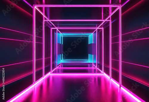 neon background with glowing square frame. Laser linear shape inside the dark. Generative Ai