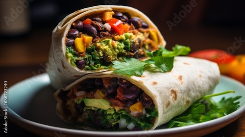 A close-up of a loaded veggie and black bean burrito with salsa.