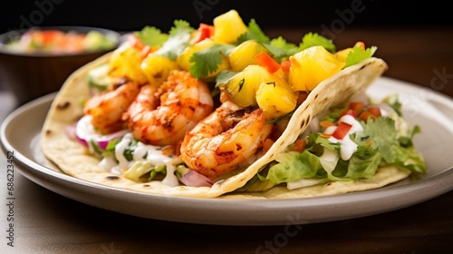 A close-up of a tropical coconut shrimp taco with pineapple salsa.