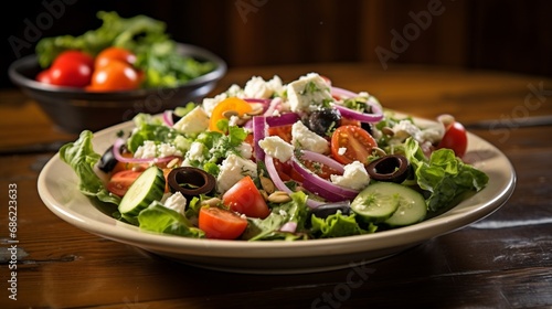 A colorful and fresh Mediterranean salad with olives, feta cheese, and Greek dressing. © Fahad