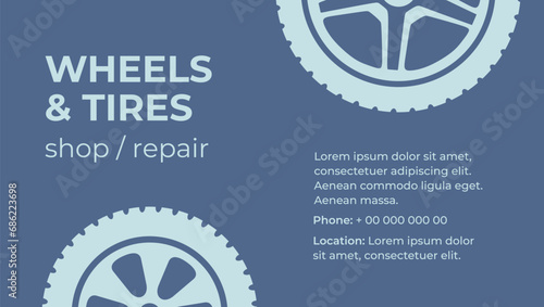 Wheels and tires. Auto parts. Tire service. Vehicle parts. Сar spare for car repair and service. Electrical, engine, auto body parts. Headlights. Brake. Colorful flat vector illustration. Isolated