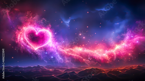 radiant heart glows with vibrant pink and purple hues against a cosmic backdrop, surrounded by a nebulous swirl of stardust and energy. Futuristic universe background with heart