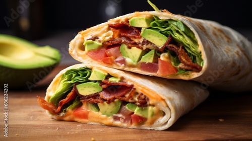 A handheld shot of a BLT wrap with avocado and a drizzle of sriracha mayo.