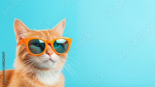 Cool Cat concept, orange cat wearing sun glasses on the blue background, and space for text or coppy, 