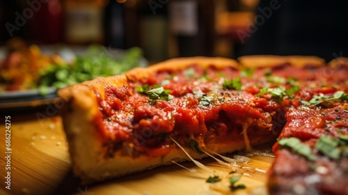 A handheld shot of a classic Chicago-style deep-dish pizza slice.