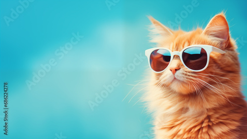 Cool Cat concept, orange cat wearing sun glasses on the blue background, and space for text or coppy, 