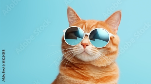 Cool Cat concept, orange cat wearing sun glasses on the blue background, and space for text or coppy,  photo