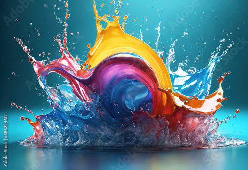 Water splash set. Aqua liquid in shape of crown and dynamic motion elements. Generative Ai photo