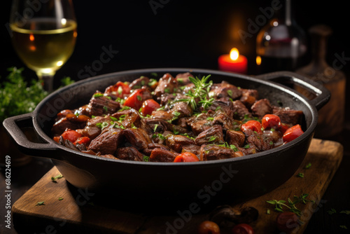 Boeuf bourguignon on wooden table . Traditional French cuisine