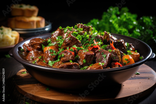 Boeuf bourguignon on wooden table . Traditional French cuisine