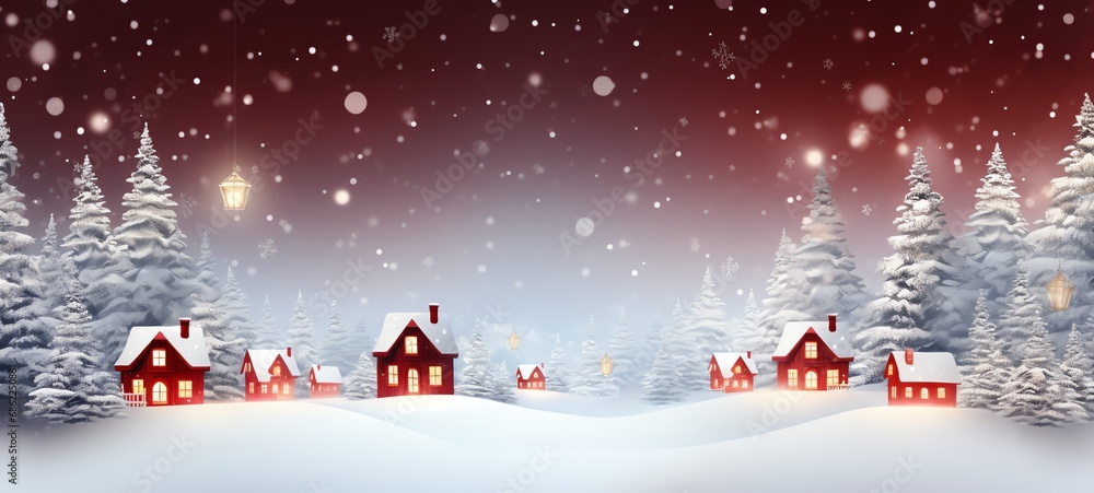 Merry Christmas and Happy New Year wide screen background, Christmas Tree with lights and snow. Red theme with snowfall.