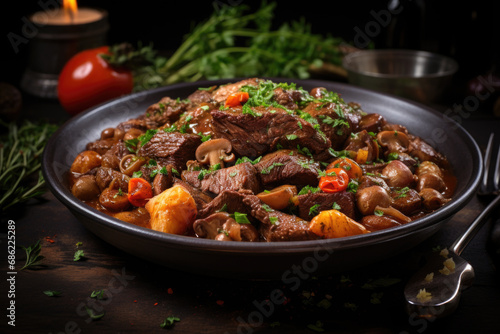 Boeuf bourguignon on wooden table . Traditional French cuisine