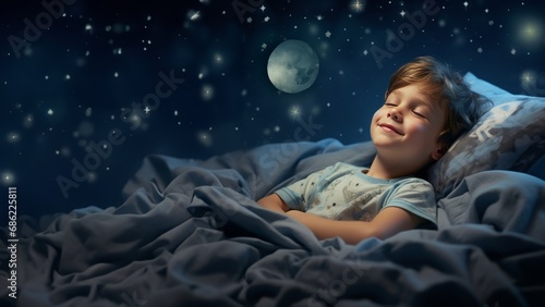 Generative AI image of a small boy is sleeping in his bed at night