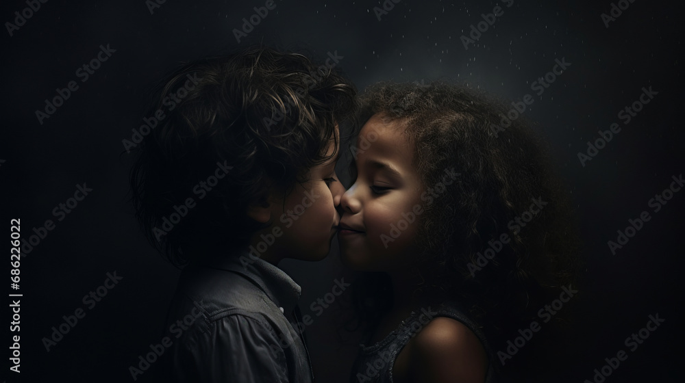 Cute kiss between small boy and little girl in winter Cute kiss between small boy and little girl in winter