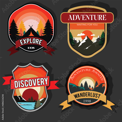 Set four of Explore and Adventure Forest camp labels emblem in vintage style. outdoor mountain logo badge for adventure, explorer, camping and hiking logo patches