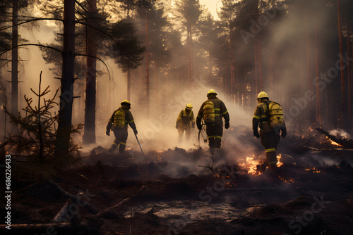 A team of firefighters extinguish a fire in the forest